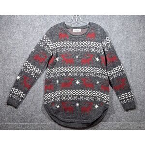 Shineflow Womens Nordic‎ Fair Isle Reindeer Snowflake Knit Sweater Gray Red L